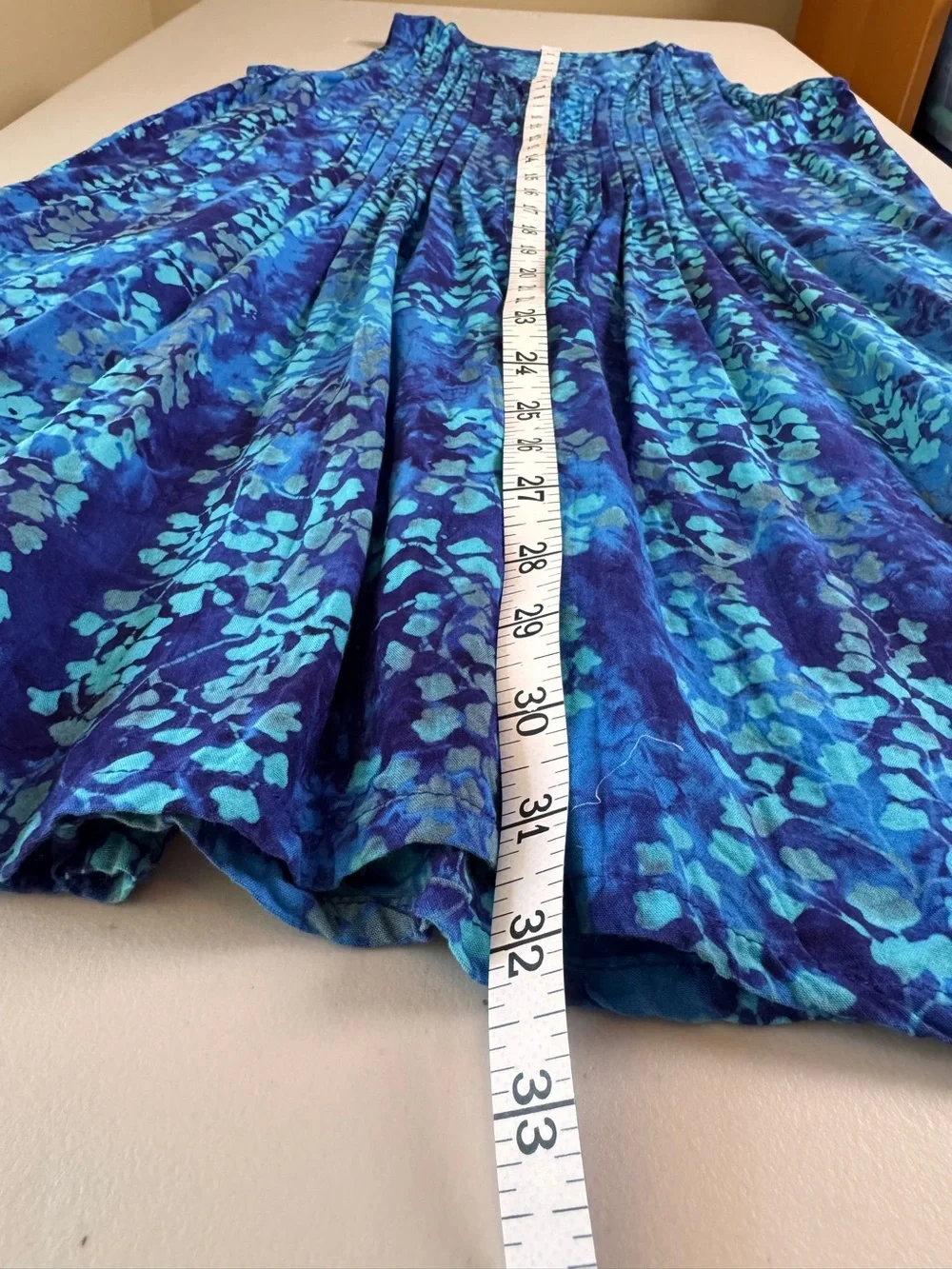 Blue Batik Rayon Sleeveless Pintuck Button Front A-Line Dress